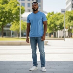 Vuori Tradewind Performance Shirt Mountain Logo Short Sleeve Blue Heather Mens L